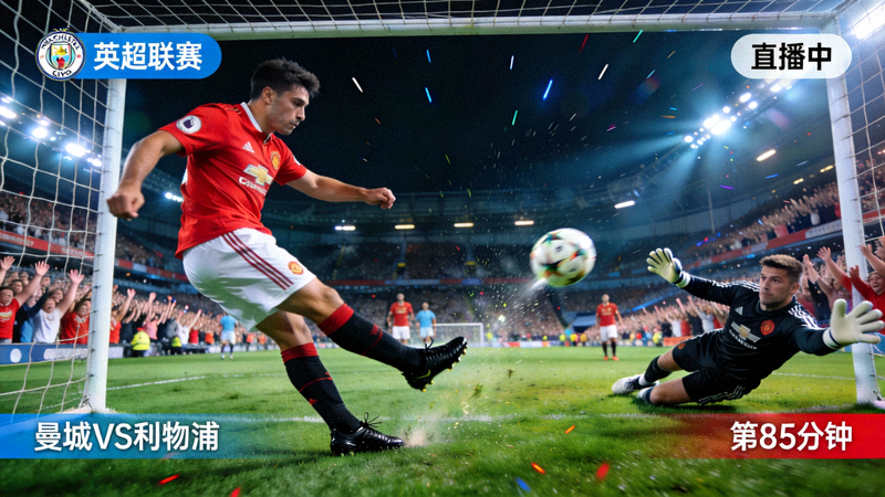 英超足球比赛直播画面，球员正在射门